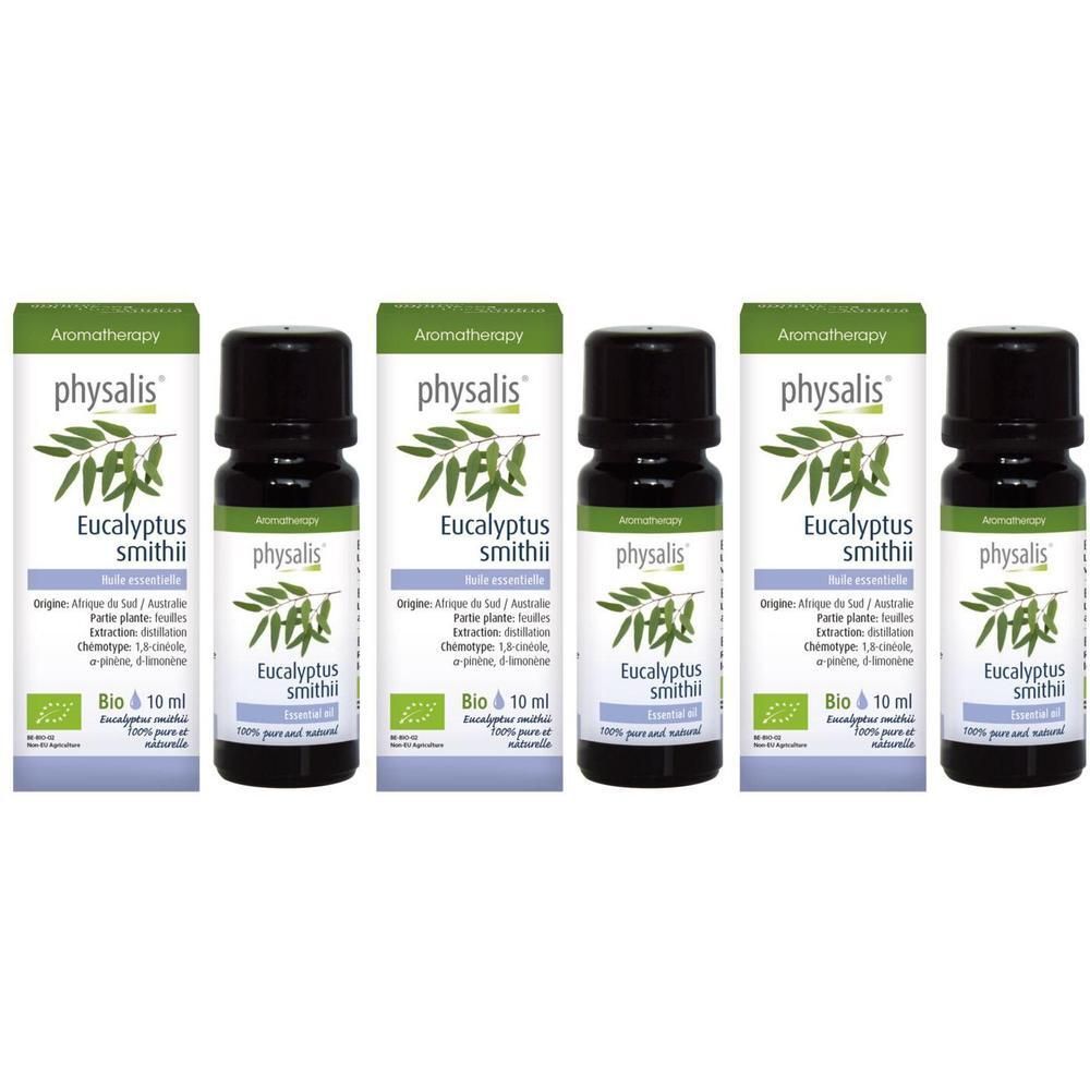 Cinq flacons d'huile essentielle bio Eucalyptus Smithii Physalis®, 10 ml chacun.