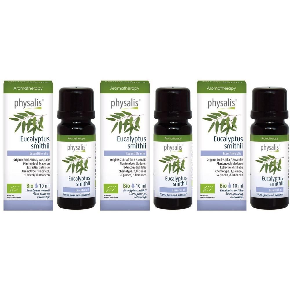 Vijf flesjes Physalis® Eucalyptus Smithii biologische etherische olie, elk 10 ml.