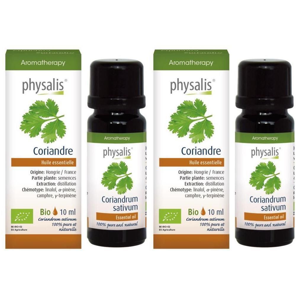 Quatre flacons d'huile essentielle bio de coriandre Physalis. Flacons en verre foncé avec étiquettes vertes et feuilles de coriandre.