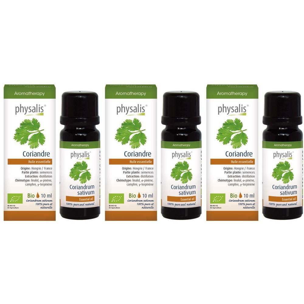 Cinq flacons d'huile essentielle de coriandre Bio Physalis, 10 ml.