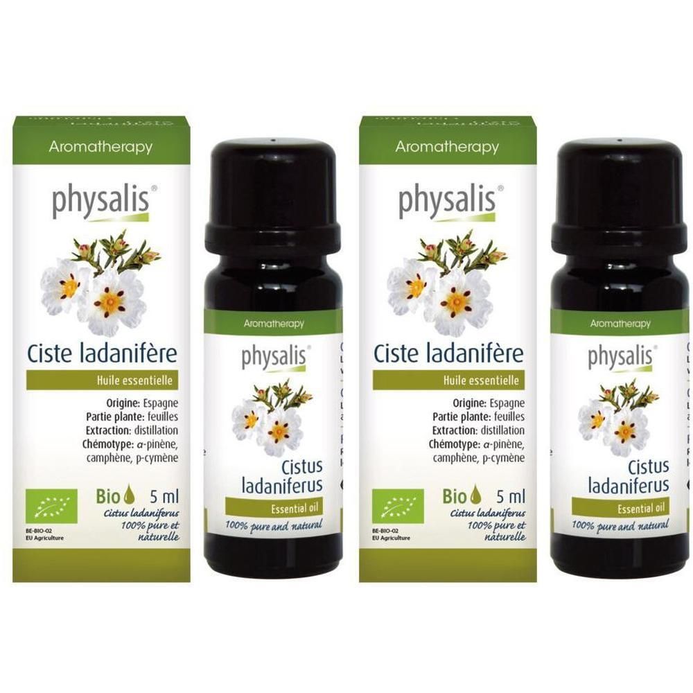 Huile essentielle Bio Physalis Ciste Ladanifère, 5 ml. Deux flacons avec étiquettes montrant une plante et un label Bio.