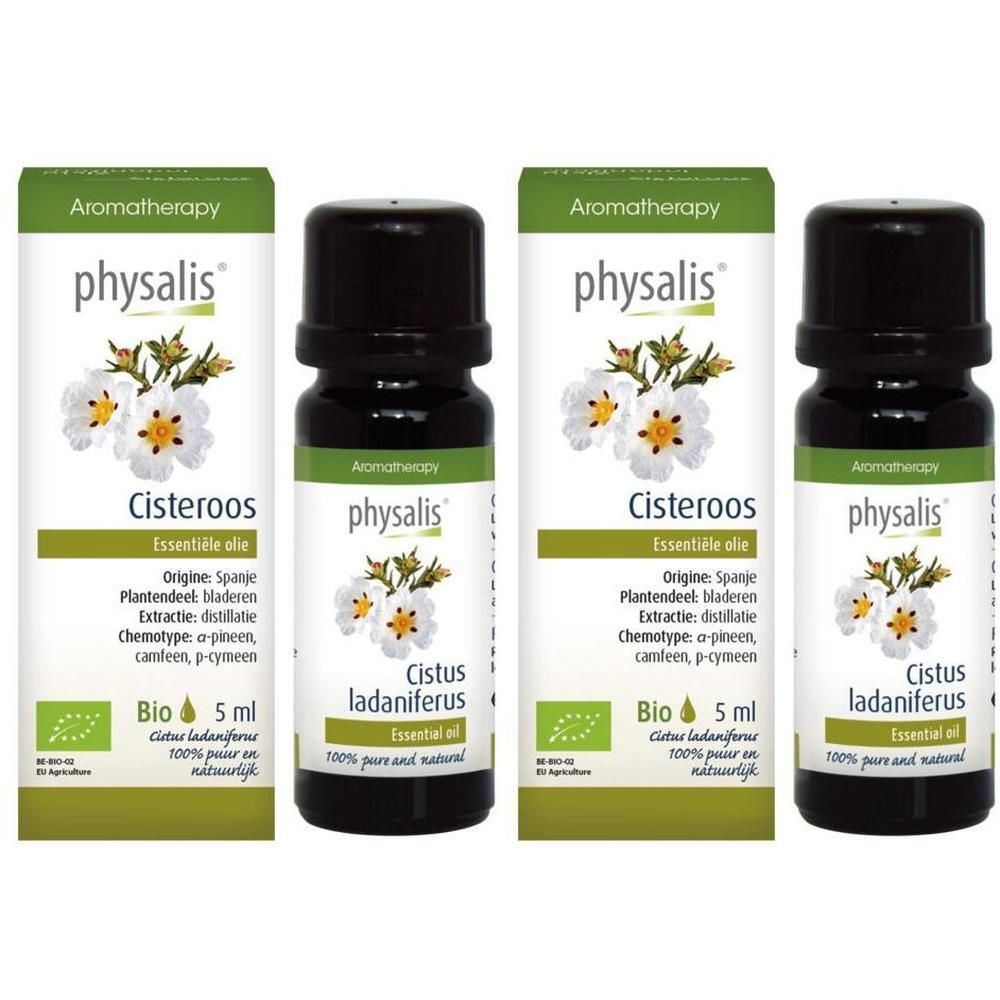 Biologische etherische olie Physalis Cisteroos, 5 ml. Twee flesjes met etiketten met plant en Bio-keurmerk.