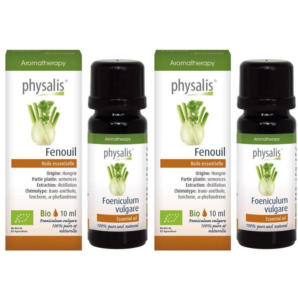 Quatre flacons d'huile essentielle bio de fenouil Physalis. Chaque flacon contient 10 ml.