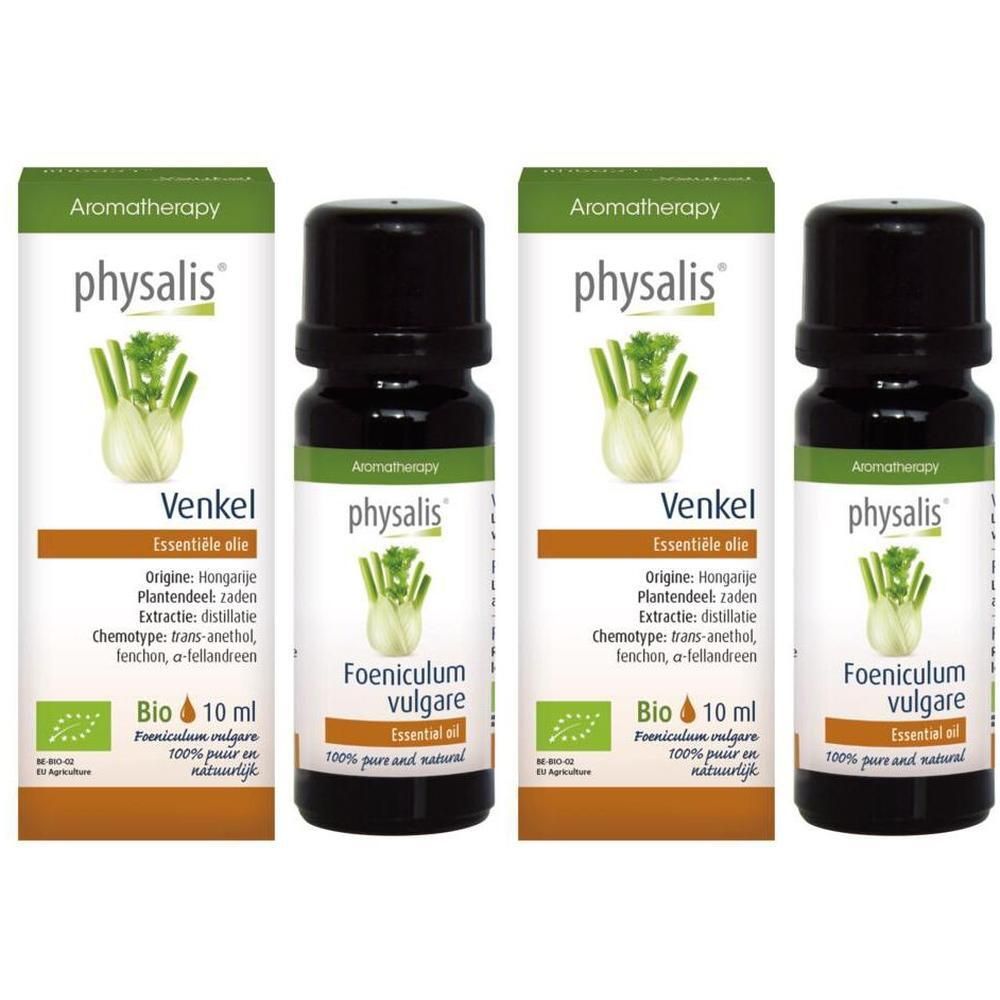 Vier flessen Physalis biologische venkel etherische olie. Elke fles bevat 10 ml.