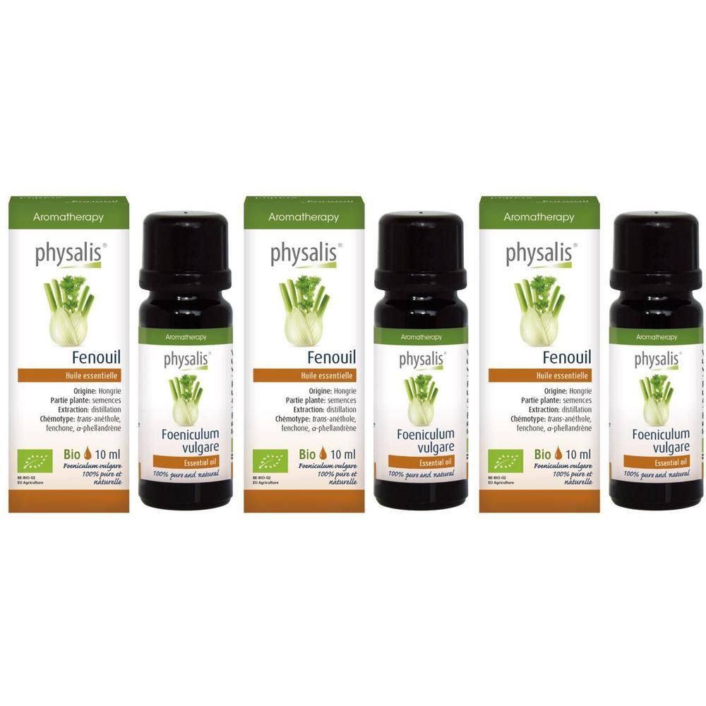 Trois flacons d'huile essentielle de Fenouil Bio Physalis®, 10 ml.
