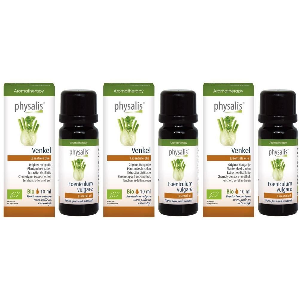 Drie flesjes Physalis® Venkel etherische olie Bio, 10 ml.