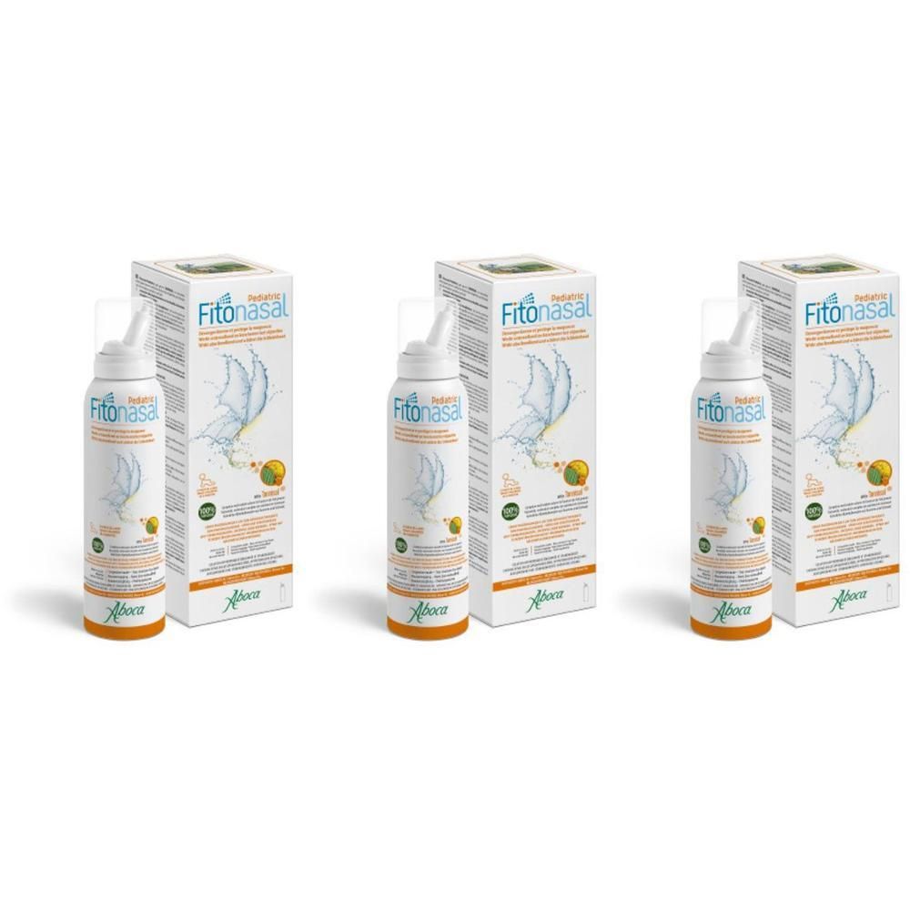 Drie verpakkingen Aboca Pediatric Fitonasal neusspray met spuitkop.