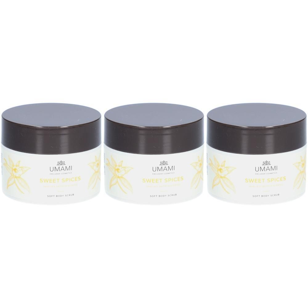 Trois pots UMAMI Soft Body Scrub avec couvercles marron et motifs vanille.