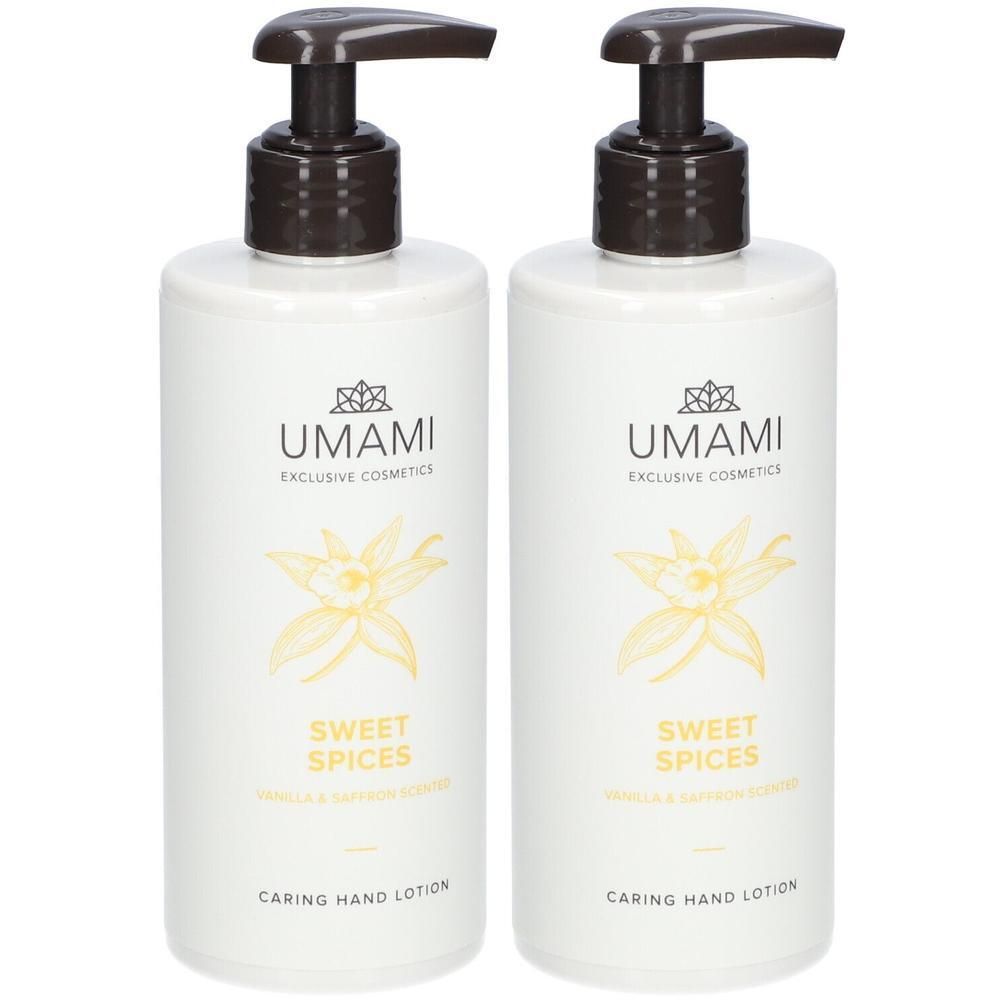 Deux flacons pompe blancs UMAMI Sweet Spices Caring Hand Lotion parfum vanille et safran.
