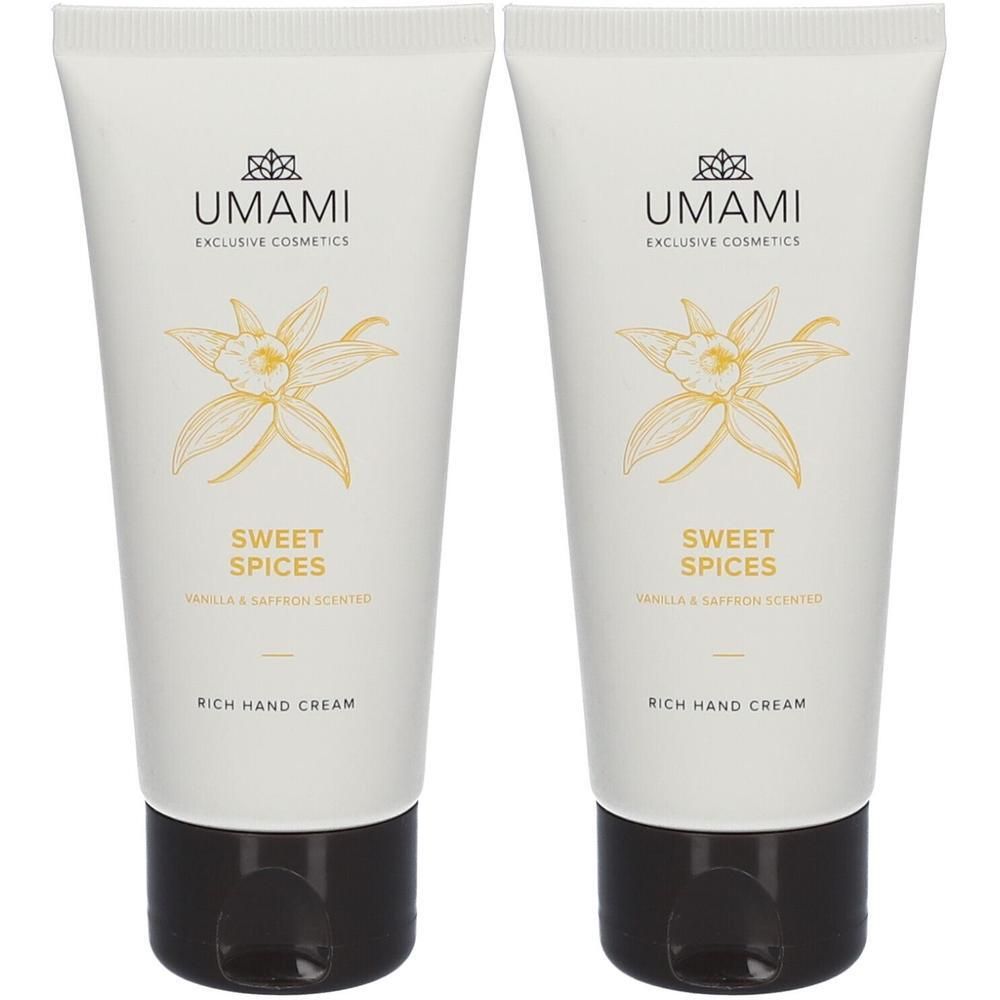 Twee witte tubes handcrème met Vanille & Saffraan geur. Bovenaan het UMAMI logo.