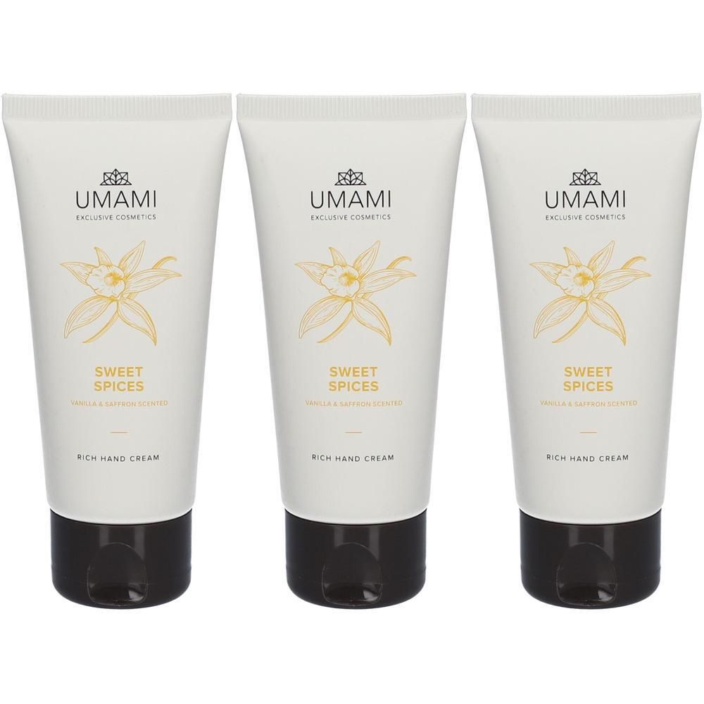 Drie tubes Umami Rich Hand Cream Sweet Spices Vanille & Saffraan.
