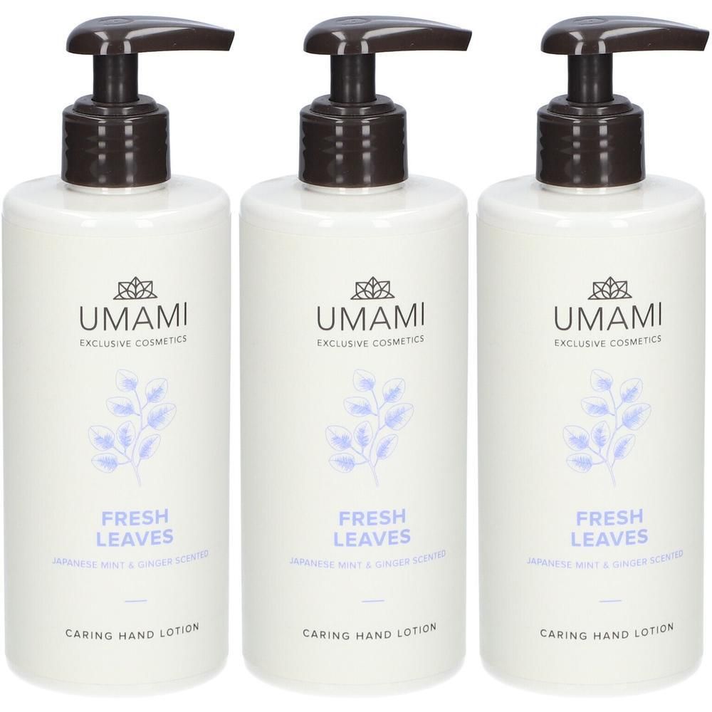 Trois flacons pompe blancs UMAMI Fresh Leaves Caring Hand Lotion parfum Menthe Japonaise & Gingembre.