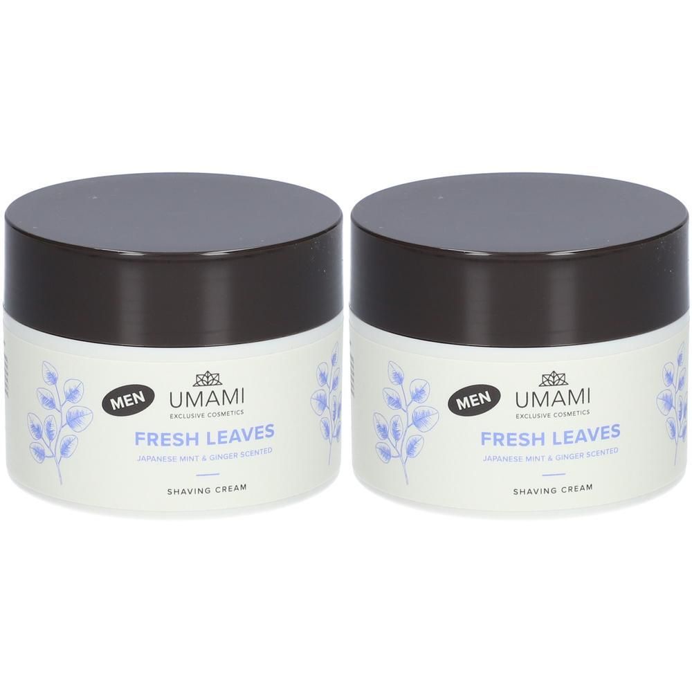 Deux pots de crème à raser Umami Men Fresh Leaves, parfum menthe japonaise et gingembre.