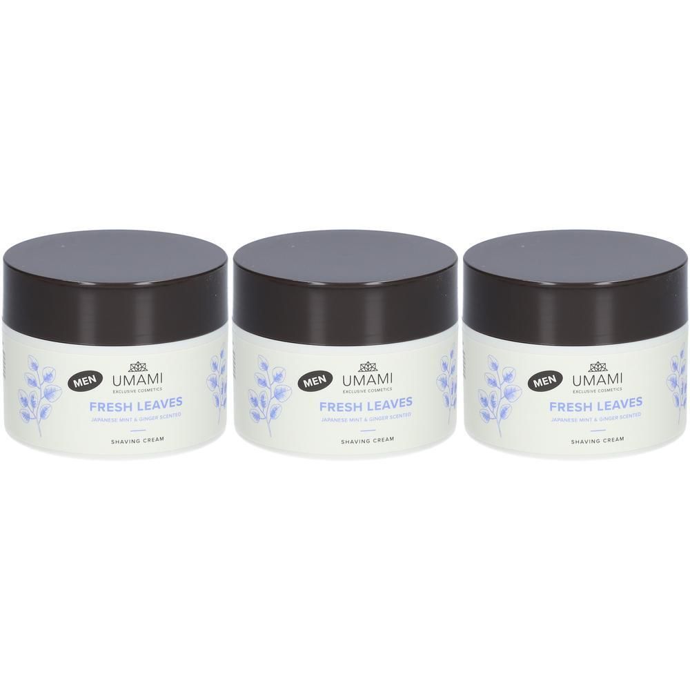 Trois pots de crème à raser Umami Men Fresh Leaves Menthe Japonaise et Gingembre.