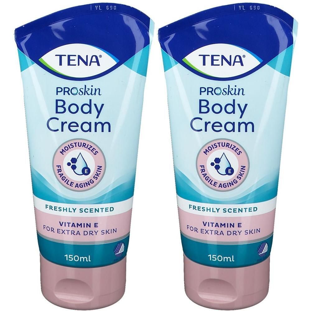 Twee tubes TENA ProSkin Body Cream, 150ml. Voor extra droge huid met Vitamine E.
