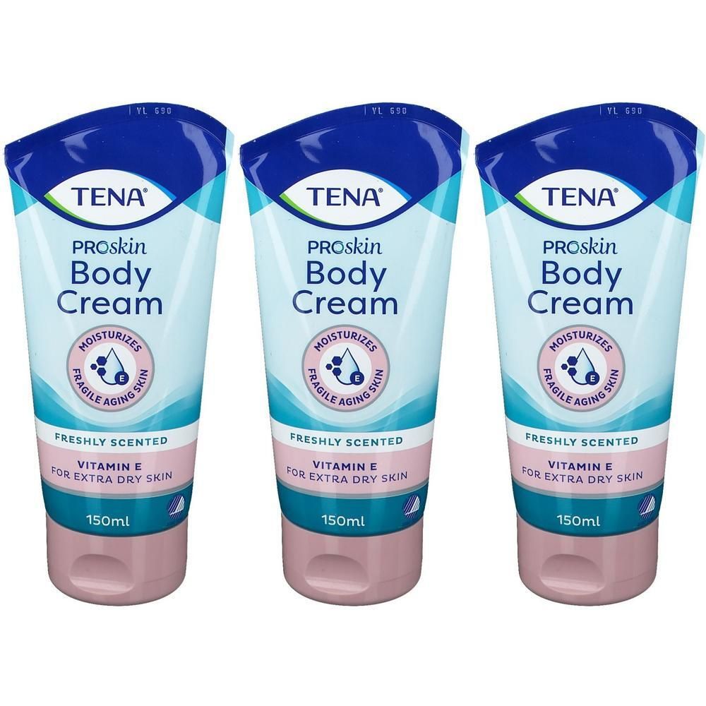 Trois tubes de crème corporelle TENA ProSkin enrichie en vitamine E pour peau très sèche.