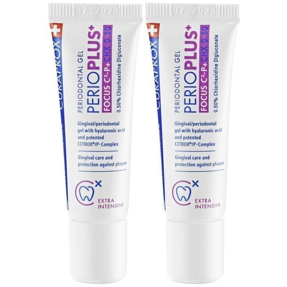 Twee tubes Curaprox Perio Plus+ Focus gel met hyaluronzuur en CITROX®/P-complex.