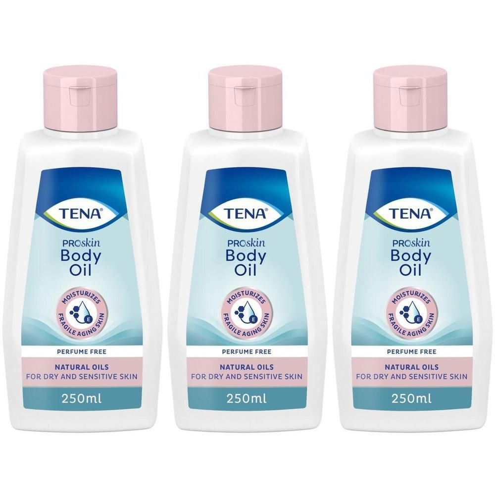 Trois flacons d'huile corporelle TENA ProSkin, 250ml. Pour peaux sèches et sensibles.
