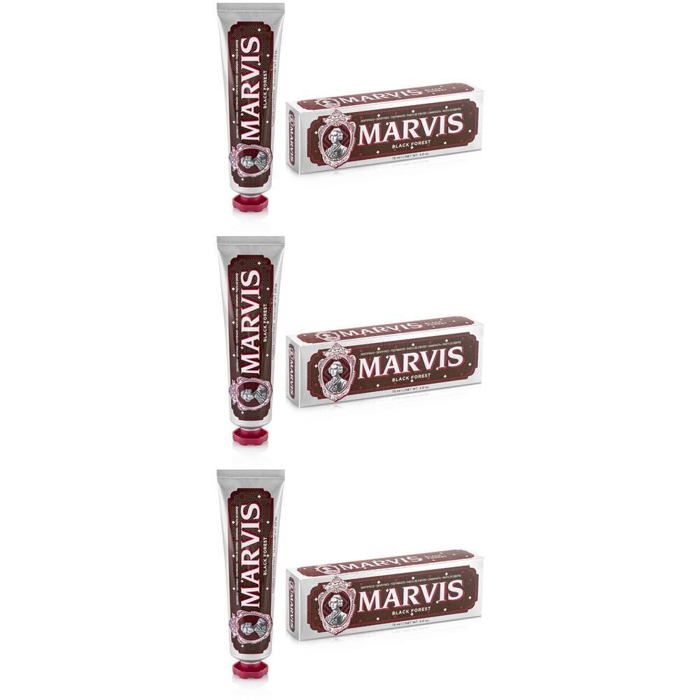 Trois tubes et boîtes de dentifrice Marvis Black Forest.