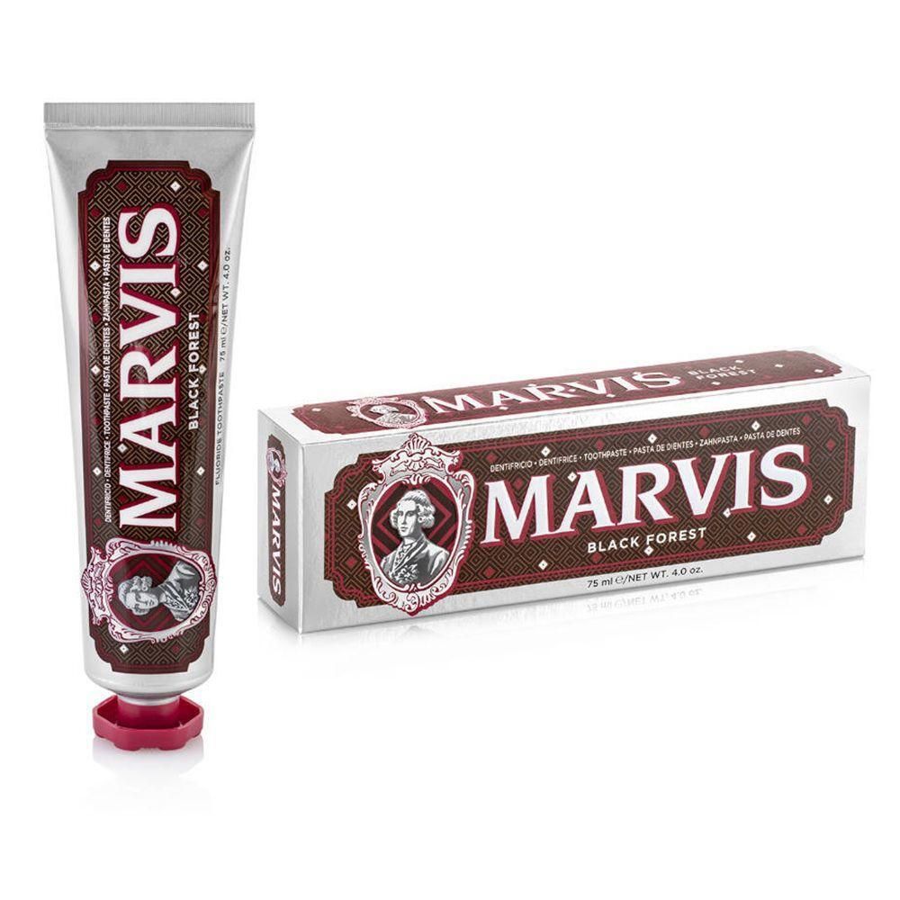 Dentifrice Marvis Black Forest en tube et en boîte.