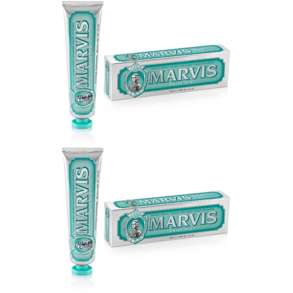 Twee Marvis tandpastabuizen en dozen met Anijs Munt smaak.