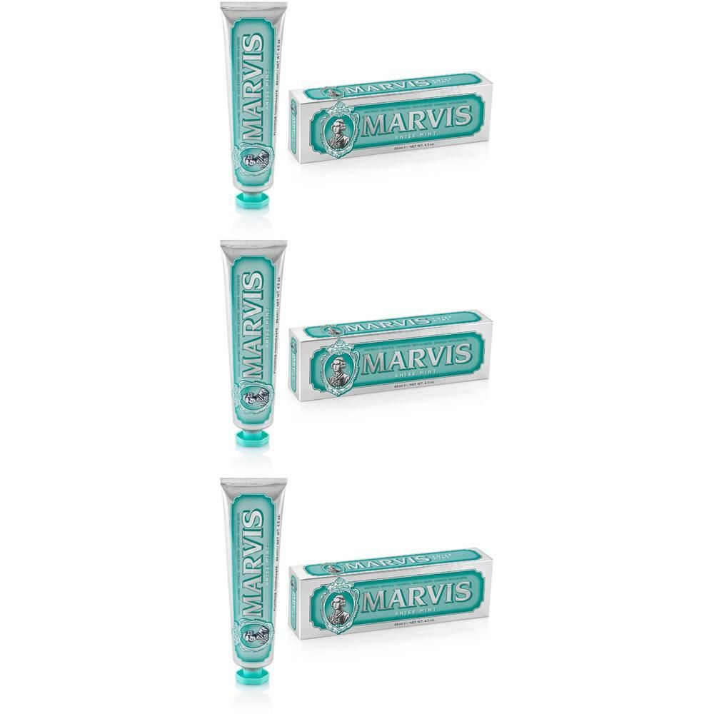 Trois tubes et boîtes de dentifrice Marvis en turquoise et blanc avec logo Marvis.
