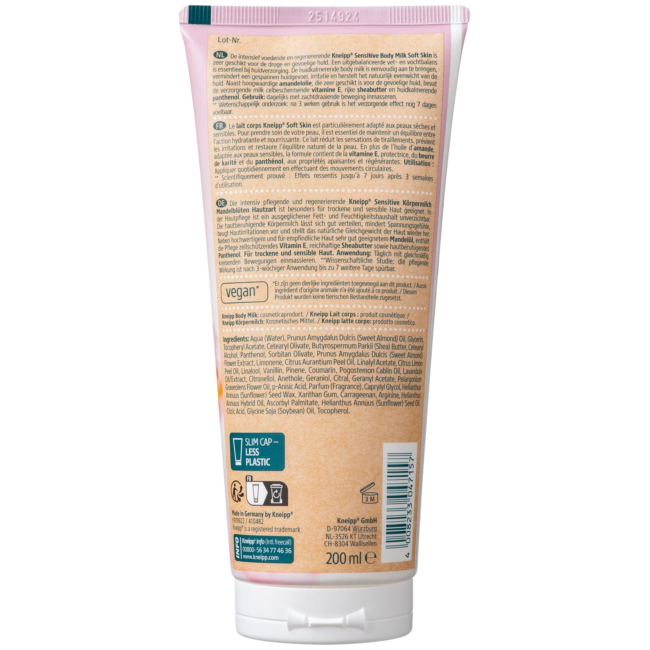 Arrière d'un tube de Lait Corporel Amandier Kneipp avec ingrédients et sceaux.
