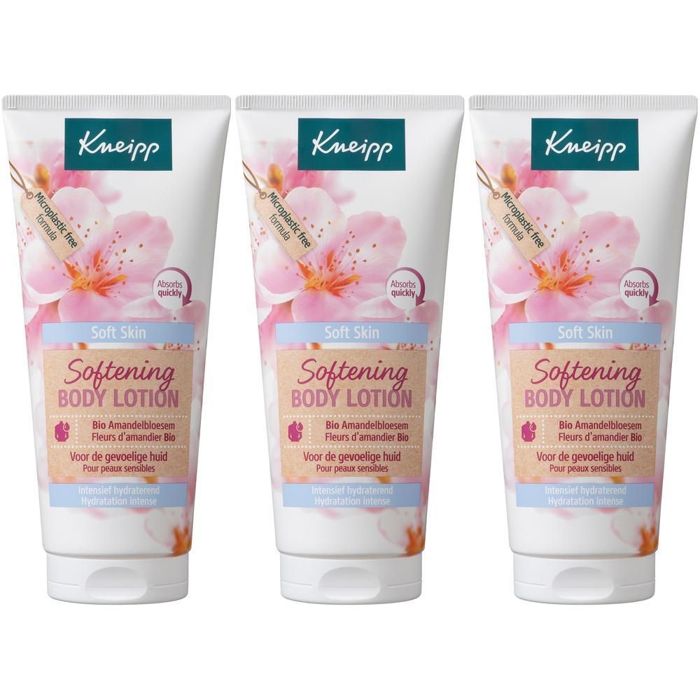 Drie tubes Kneipp Verzachtende Bodylotion met amandelbloesem design.