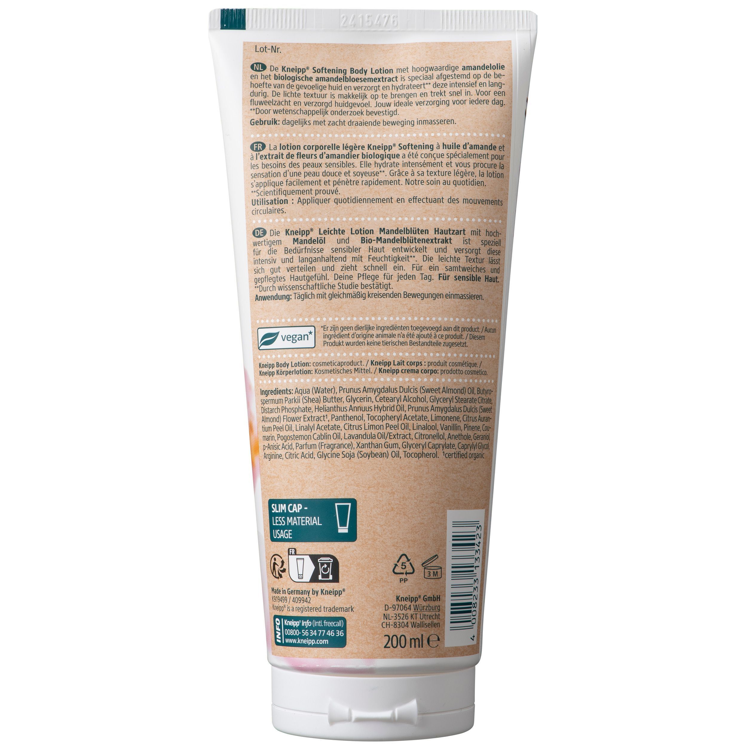 Achterkant van een tube Kneipp Verzachtende Bodylotion met ingrediënten en gebruiksaanwijzing.