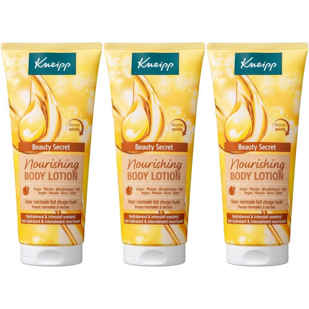 Trois tubes de Lait Corps Trésor de Beauté Kneipp, jaune avec motif de gouttes.