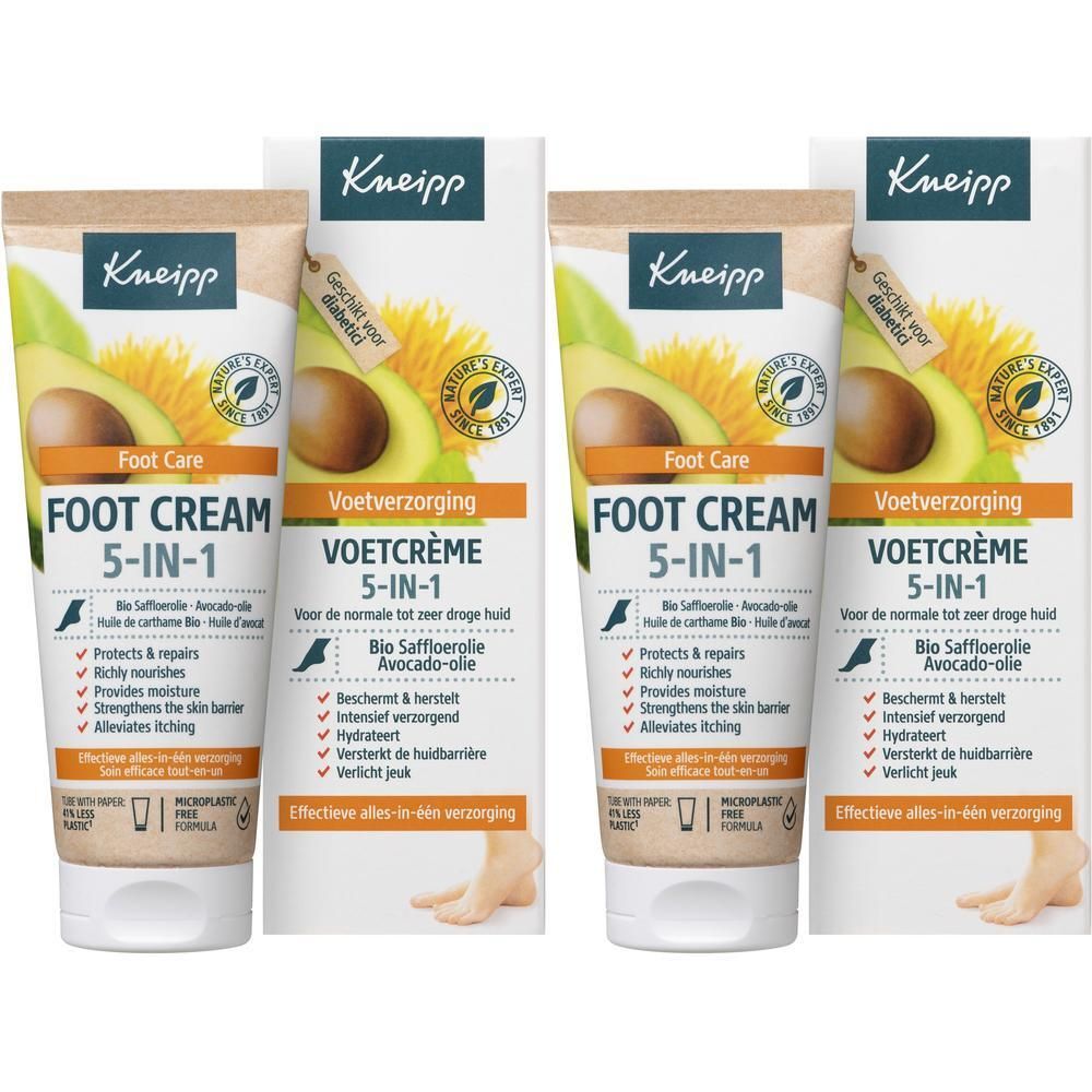Deux tubes de Crème Pieds 5-en-1 Kneipp avec huile d'avocat et huile de carthame bio.