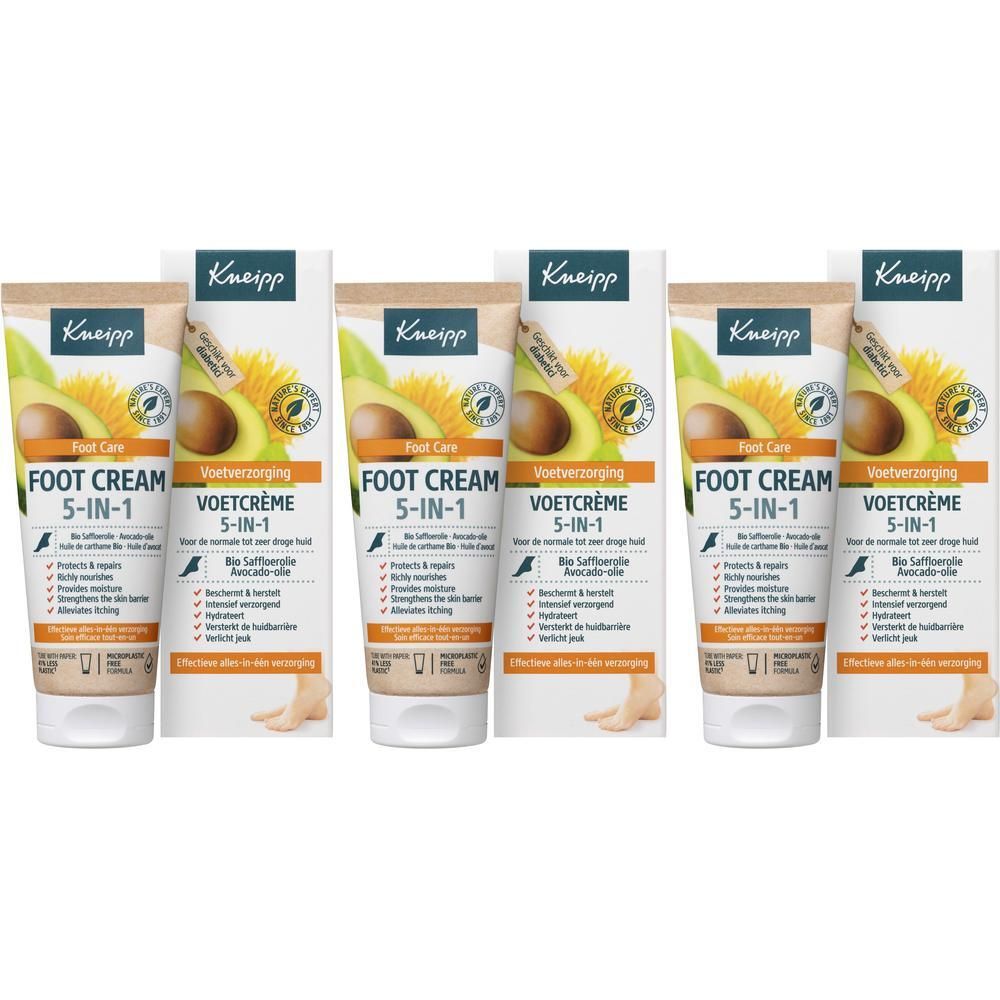 Drie tubes Kneipp Voetcrème 5-in-1 met avocado- en zonnebloemolie. Voor normale tot zeer droge huid.