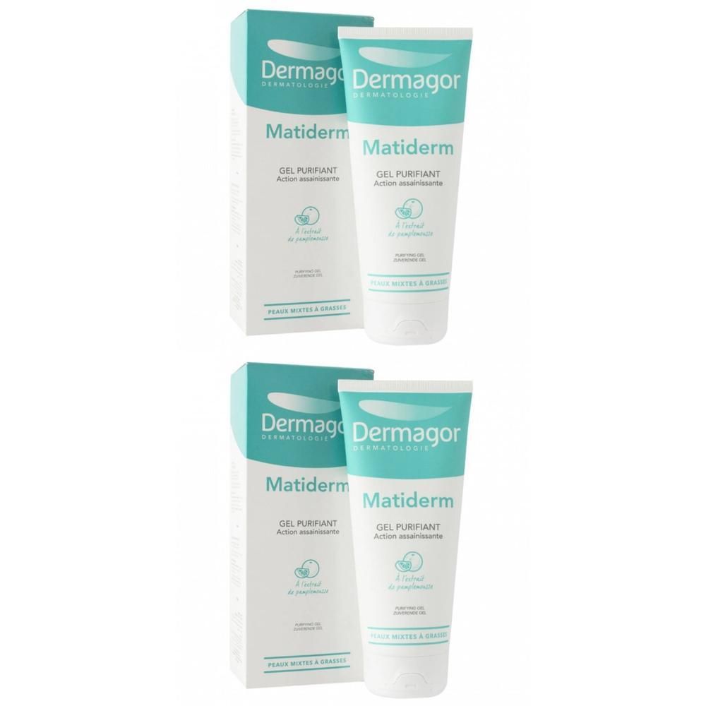 Deux tubes de Dermagor Matiderm Gel Purifiant avec leurs boîtes.