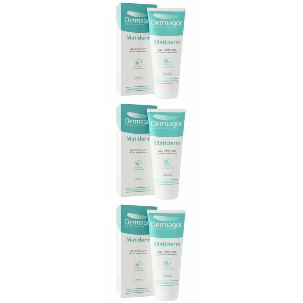 Drie tubes Dermagor Matiderm Gel Purifiant met doosjes.
