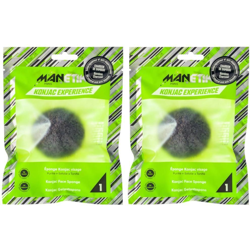 Deux éponges visage konjac noires emballées, mentionnant 'Konjac Experience'.