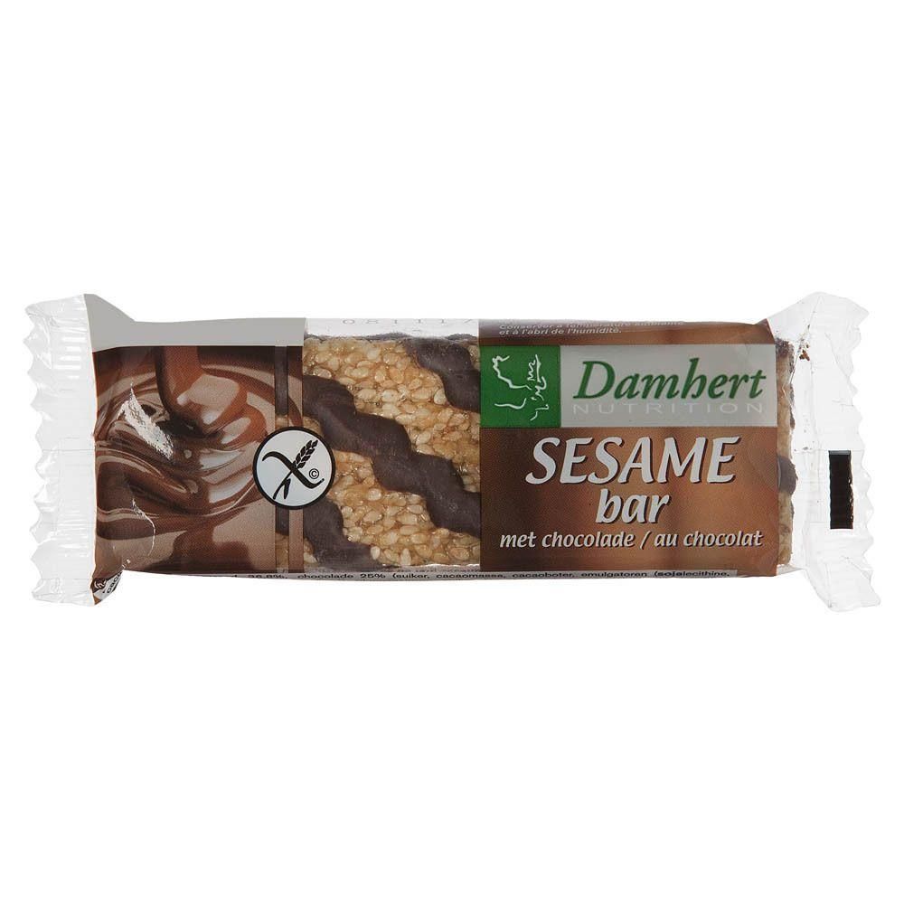 Damhert sesamreep met chocoladeglazuur en glutenvrij symbool.