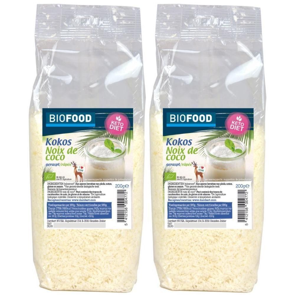 Deux paquets de noix de coco râpée Biofood, 200g par paquet, pour régime cétogène.