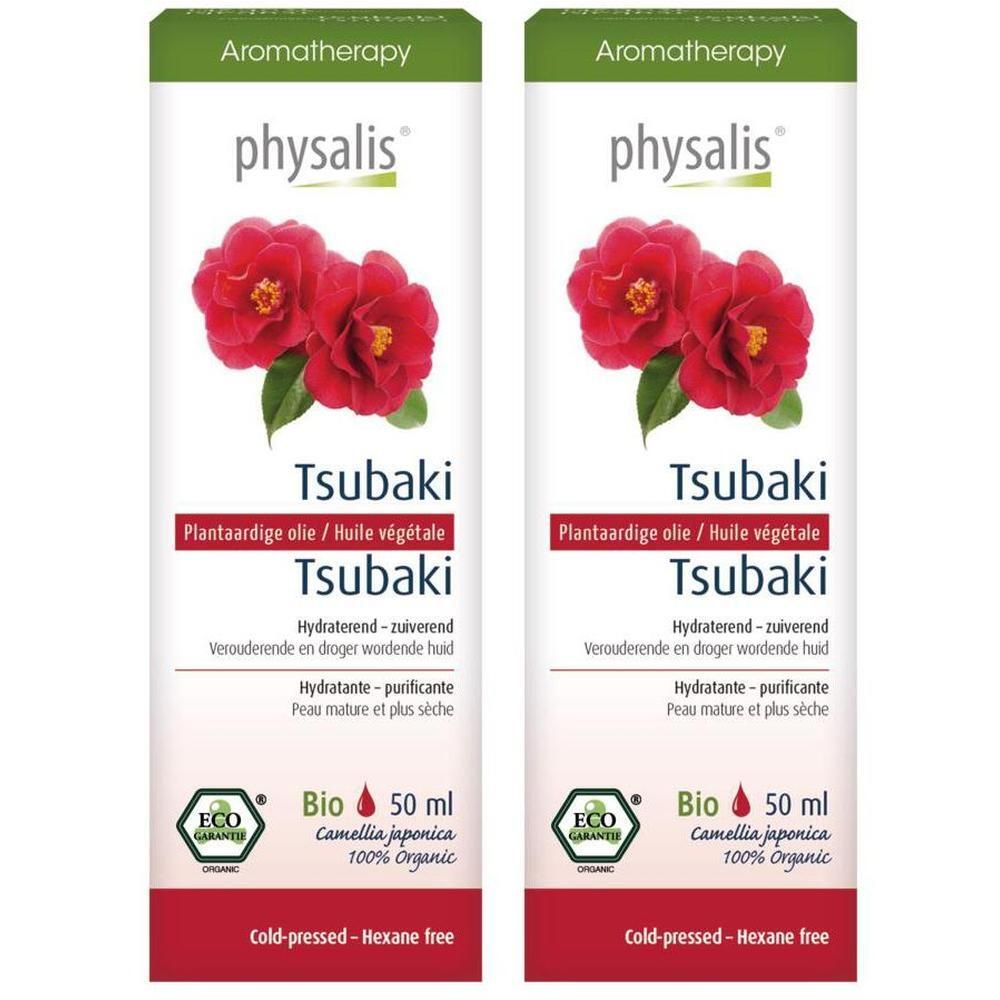 Twee flessen Physalis Tsubaki plantaardige olie, 50 ml. Camellia japonica. Biologisch gecertificeerd.