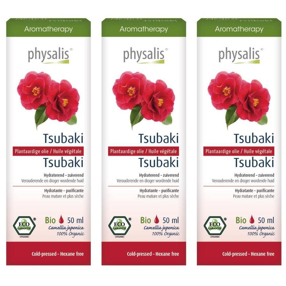 Drie flessen Physalis Tsubaki plantaardige olie, Bio. Met rode cameliabloemen. 50 ml.