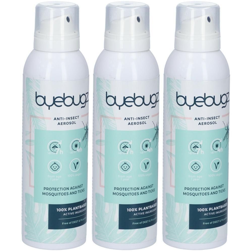 Trois aérosols blancs anti-insectes. Étiquette : 'bye bugz ANTI-INSECT AEROSOL'.