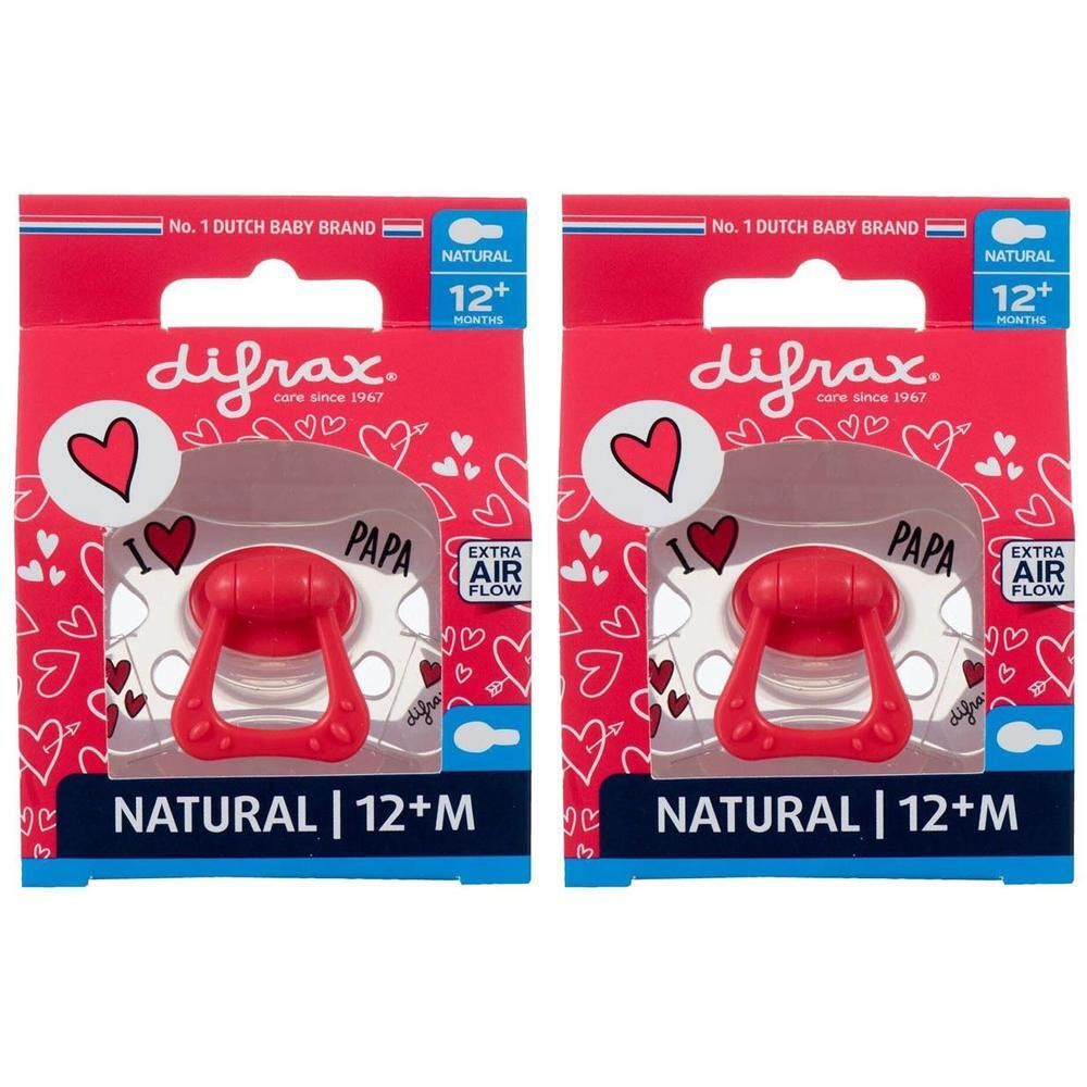 Twee Difrax fopspenen 'Natural 12+M' in rode verpakking met 'I LOVE PAPA' opdruk.