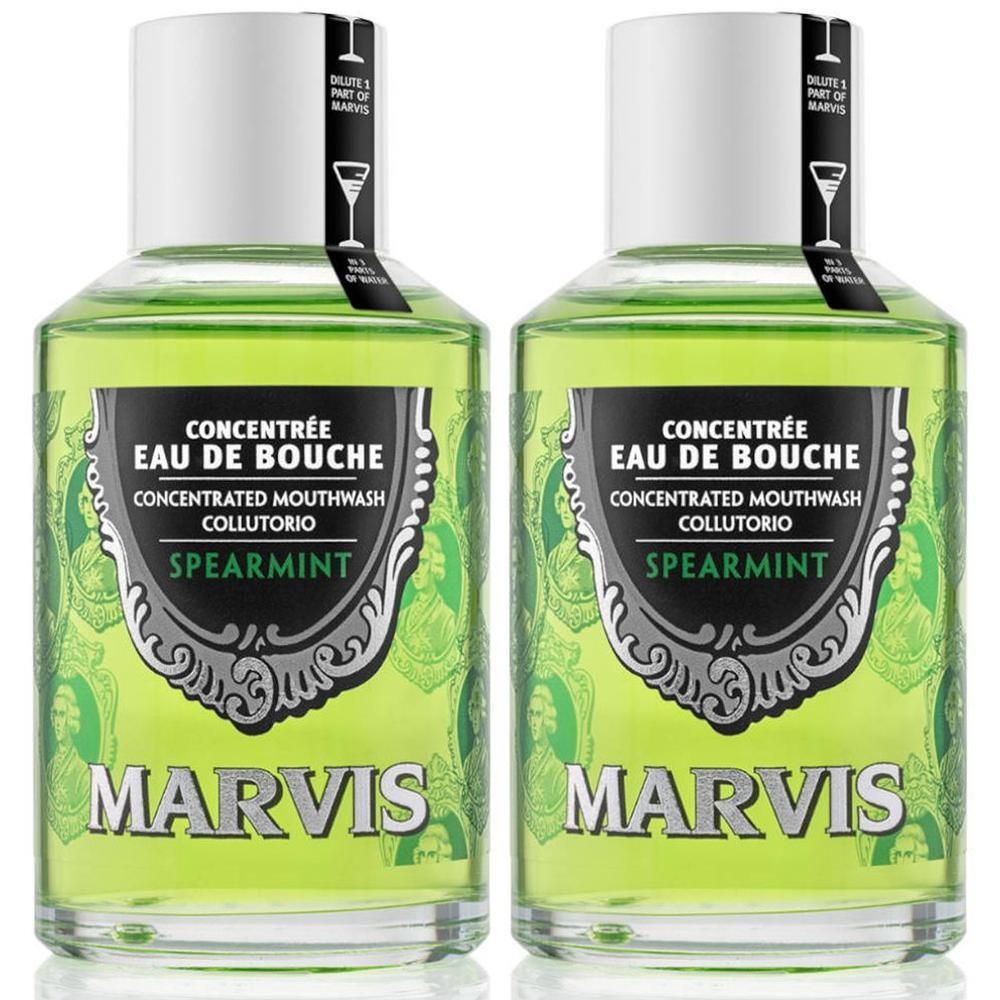 Deux flacons de bain de bouche concentré Marvis Menthe Verte.