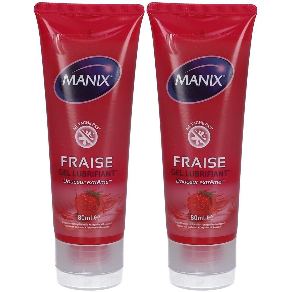 Twee tubes Manix Aardbei glijmiddel, elk 80 ml.