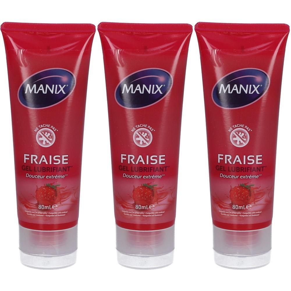 Trois tubes de gel lubrifiant Manix Fraise, 80ml chacun.