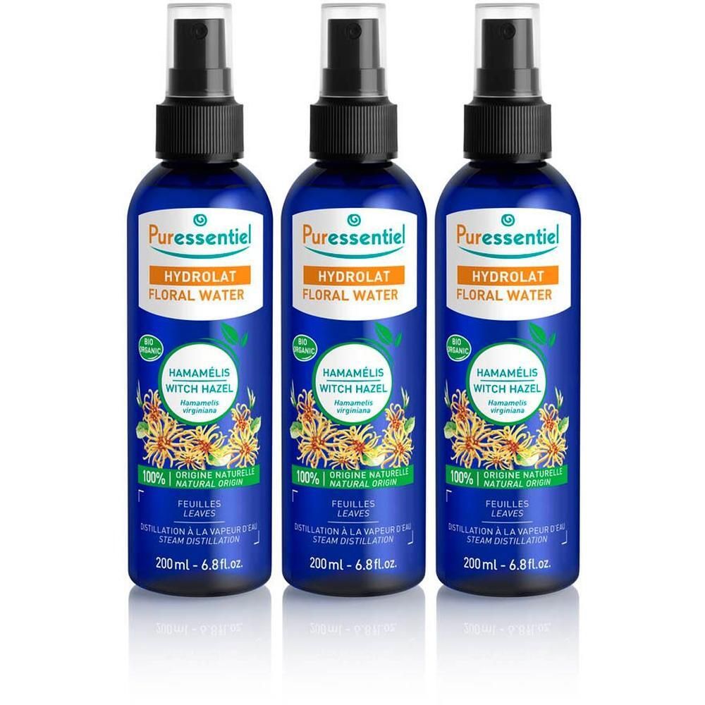 Drie Puressentiel Hydrolat d'Hamamélis Bio sprayflessen, 200ml.