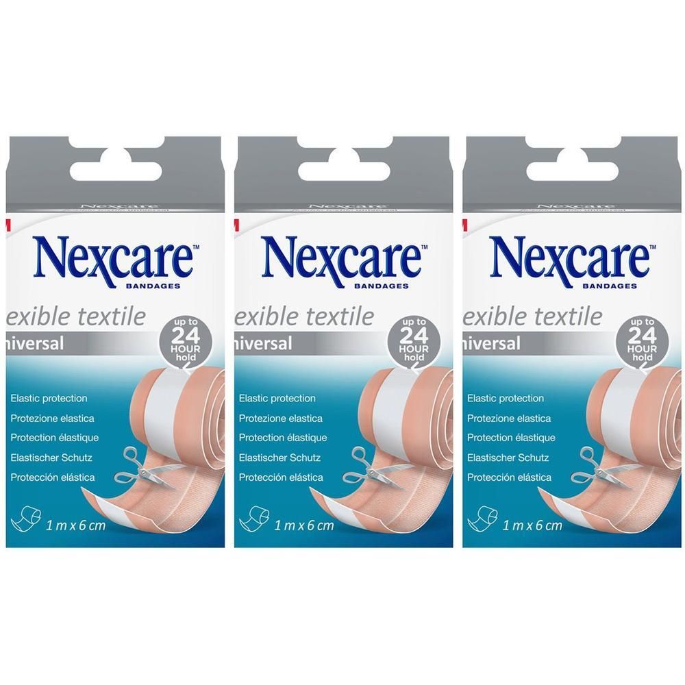 Trois paquets de Nexcare textile flexible universel, 1 m x 6 cm.