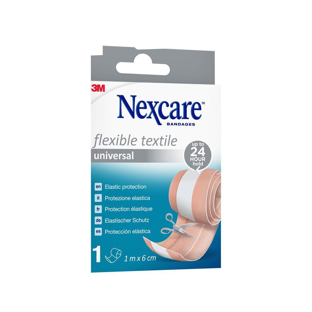 Emballage de Nexcare textile flexible universel, 1 m x 6 cm, avec instructions d'application imprimées.