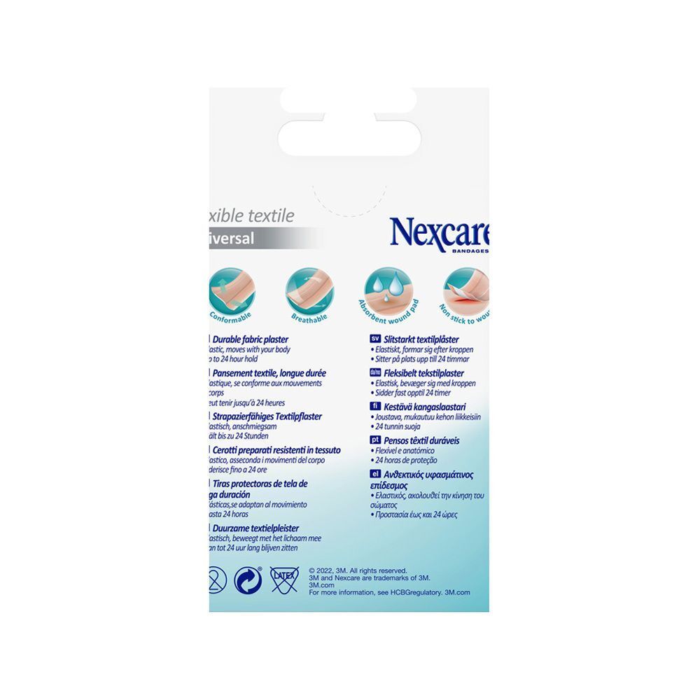 Arrière de l'emballage Nexcare textile flexible universel, 1 m x 6 cm, avec instructions et certifications.