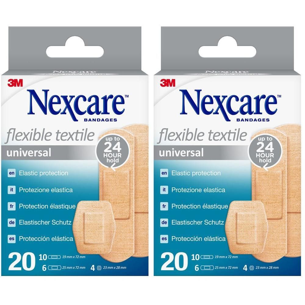 Verpakking met 20 Nexcare Flexible Textile Universal pleisters, 10x 39x32mm, 6x 72x25mm, 4x 28x28mm.