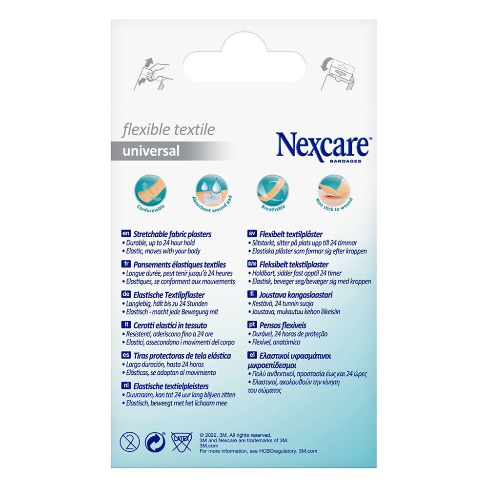 Achterkant van de verpakking van Nexcare Flexible Textile Universal pleisters met productkenmerken en afmetingen.